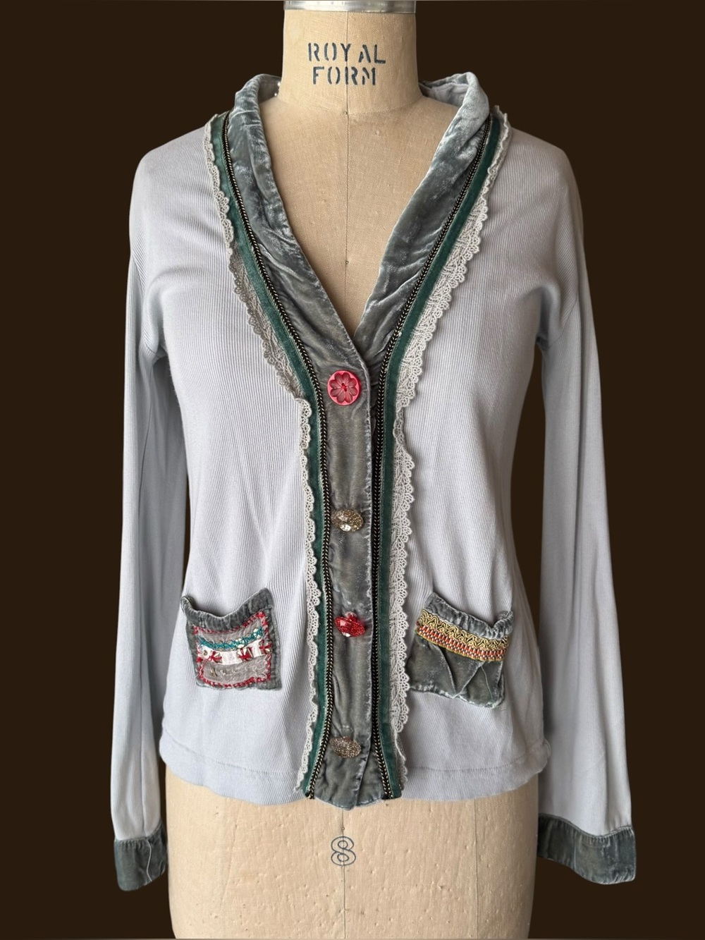 Johnny Was Light Blue Button Long Sleeve Sweater Velvet Embroidery
